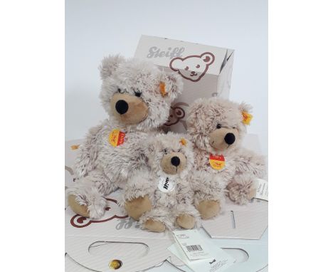 Three Steiff Charly 16, 23 &amp; 30cm creme plush teddies, numbers 012884, 012877 &amp; 012860, all  with button to ear, tags