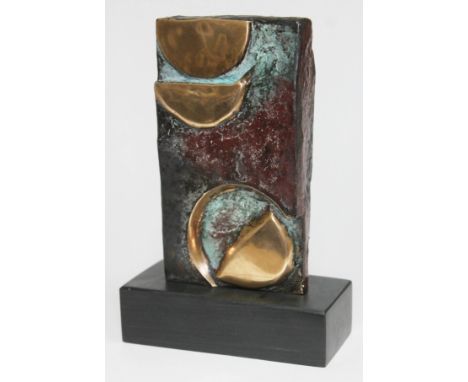 St Ives School, "Sun Ice", textured and polished bronze slab on grey stone base, limited edition number 1/5, initialled with 