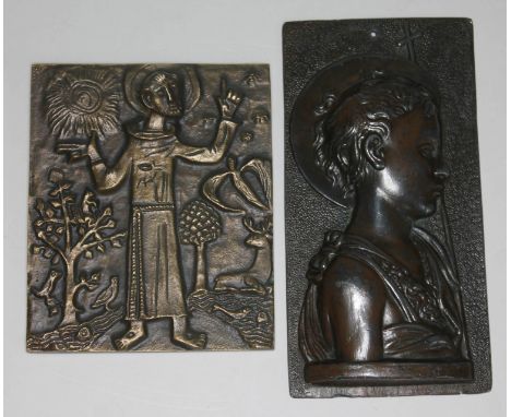 Two ecclesiastical bronze plaques, 9cm x 10cm &amp; 7cm x 14cm.  