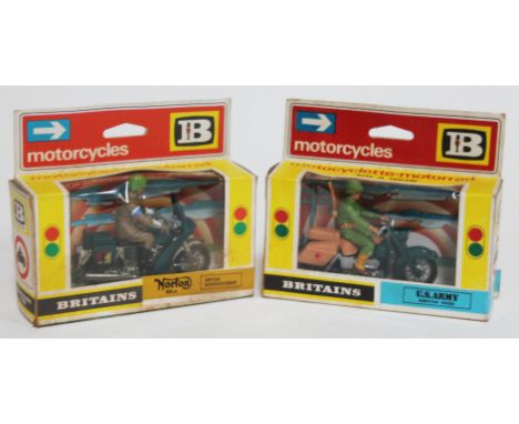 Two boxed Britains motorcycle dispatch riders comprising 9672 British dispatch rider and 9682 U.S. Army Dispatch rider  