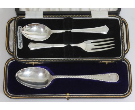 Hallmarked silver comprising a cased spoon and a cased spoon and fork.  