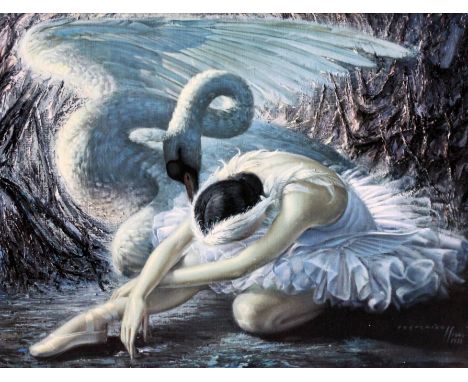 After Vladimir Tretchikoff (1913-2006), "The Dying Swan", retro print, 64cm x 48cm, framed.  