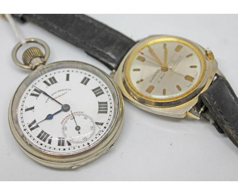 A vintage Beacon Star wrist watch and a West End Watch Co silver plated pocket watch.  