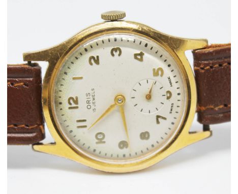 An Oris gold plated 15 jewel manual wind unisex wristwatch with white dial, Arabic numerals and hands in gold tone and second