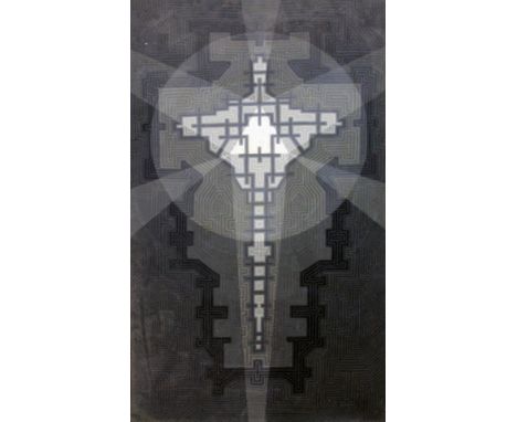 Gerald Rickards (British 20th Century 1931-2006), "Grey Crucifixion", oil on canvas, 51cm x 87cm, signed, titled and dated 19