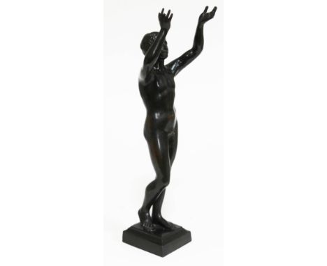 An early 20th century spelter figure with patinated bronze finish depicting a semi nude Adam, signed 'Busch' to reverse of pl