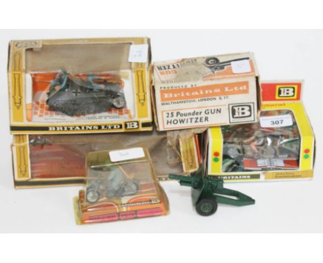 A collection of 5 boxed Britains military die cast models comprising a 4.7 Naval Gun no. 9730, Afrika Korps Combination Motor