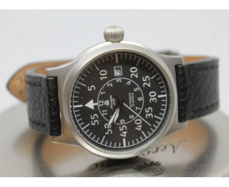 An Aeromatic A1143 Gents automatic stainless steel wristwatch with black military style dial featuring white Arabic numbers, 