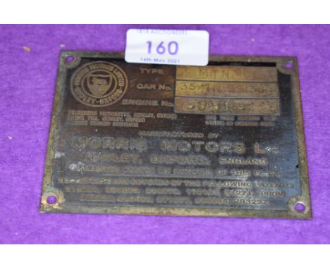 A vintage brass engine plate for Morris Motors