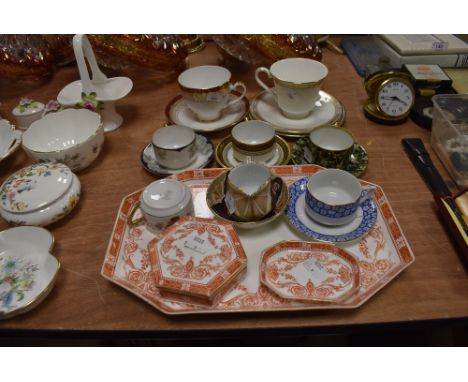 A selection of coffee cups and similar breakfast tray including Beyer and Bock cup and saucer sets