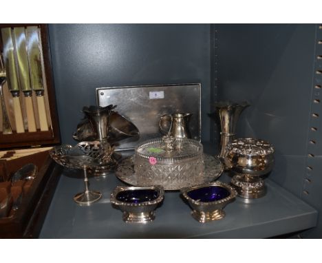 A small selection of silver plated items including cut glass and plate butter dish, sugar scuttle, small tazza etc and a Kesw