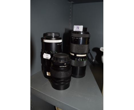 Three camera lenses; a Paragon 135mm, A Chinon zoom 85-210mm, A Soligor 200mm.