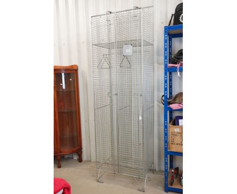 20th century Galvanised Steel Mesh Two Section Locker, each section with shelf above a hanging rail with two hangers, 200cm h