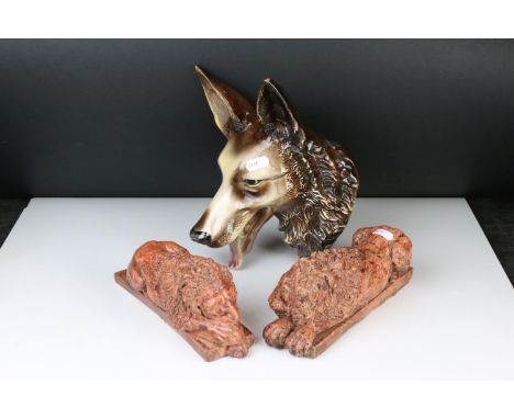 German Shepherd Ceramic Wall Plaque by Jema Holland, 26cm high together with Pair of Chatsworth style Sleeping Lions, 21cm lo