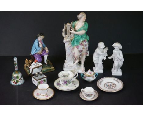 A small group of mixed ceramics to include Wedgwood and Royal Albert miniature cups and saucers, enamel scent box, cloisonne 