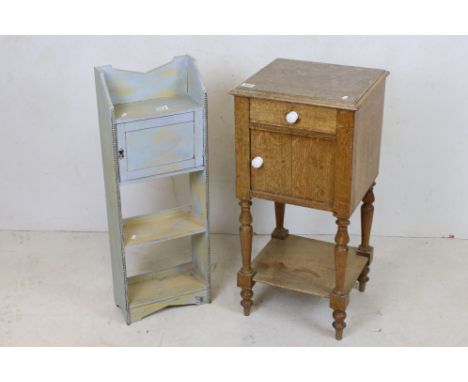 Late 19th / Early 20th century French Light Oak Pot Cupboard with inset marble top, drawer, cupboard and shelf below, 39cm wi