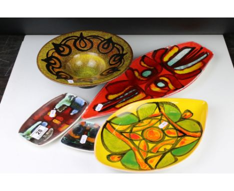 Five items of Poole Pottery including Aegean Bowl 24cm diameter, Delphis Spear Dish 42cm long and three further Delphis Plate