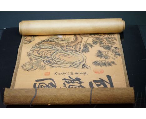 Large Chinese Scroll Watercolour depicting Cranes amongst foliage, signed with text, approximately 388cm x 41cm 