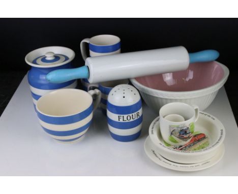 T G Green Blue and White Cornishware including Lidded Storage Jar, flour shaker, three mugs and a large tea cup together with