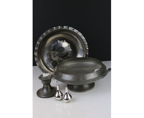 Arts and Crafts and other Metalware including Pewter Tudric Candlestick, Pewter Bowl, LRI Borrowdale planished stainless stee