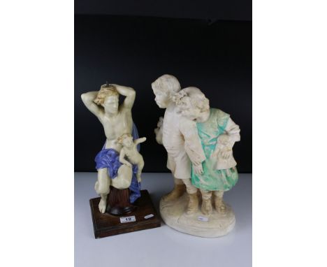 19th / Early 20th century Ceramic Table Lamp in the form of a Male and a Putti 38cm high (a/f) together with a Plaster Figure