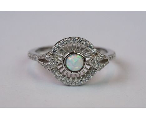 Silver, CZ &amp; opal panelled ring 