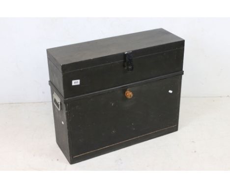 Black Stained Wooden Tool Box / Chest fitted with three drawers together with some tools including wooden handled, 71cm high 