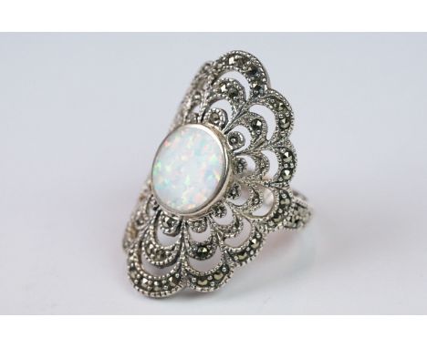 Substantial silver and marcasite ring with opal panel 