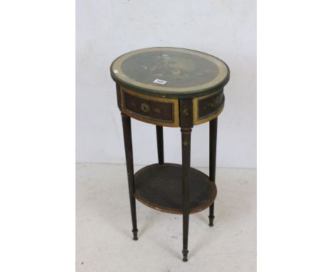 French Oval Side Table with gilt metal mounts, the top painted with a classical scene of a couple with sheep  under a glass c