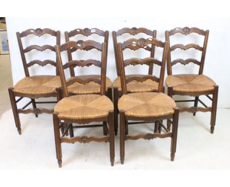 Set of Six French Oak Ladder Back Dining Chairs with rush seats, 90cm high 