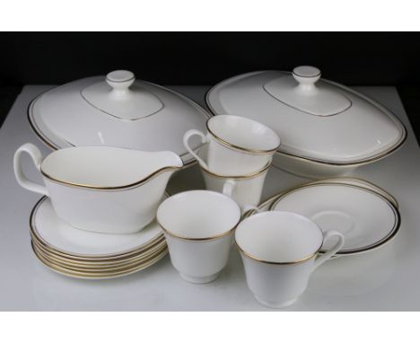 Royal Doulton ' Gold Concord ' Dinner and Tea ware comprising 6 Dinner Plates, Serving Plate, 2 Lidded Tureens, Gravy Jug and