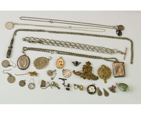 A group of mixed collectables to include military badges, silver vesta case, silver Albert chain and a quantity of jewellery.