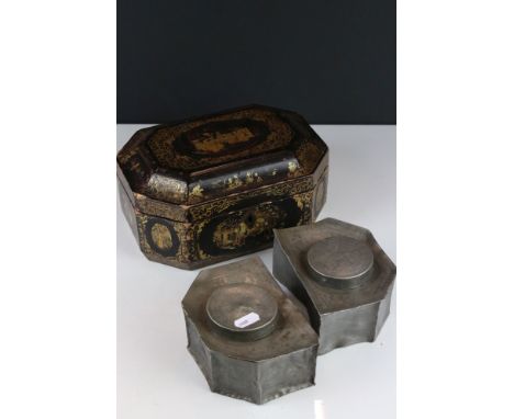 Late 19th / Early 20th century Chinese Black Lacquered Tea Caddy with gilt chinoiserie decoration, the hinged lid opening to 