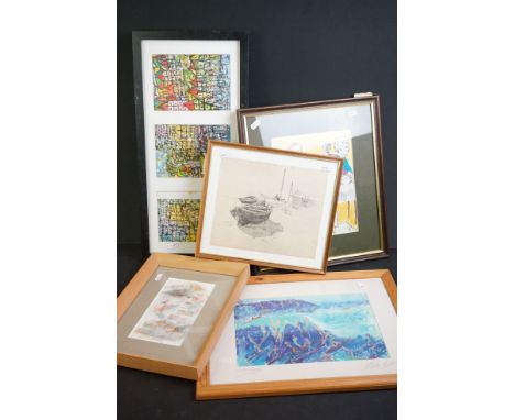 Four Contemporary Paintings / Prints including Aldo Pasquali 1998 Mixed Media of Harbour Scenes Bateaux, Pen and Ink Drawing 