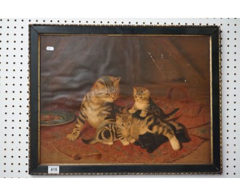 After Horacio H Couldrey, Gustave W Seitz, Chromolithographic Print of a Cat with two Kittens, 60cm x 45cm, framed 
