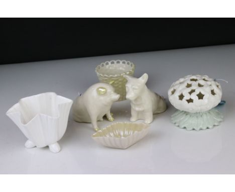 Five items of Belleek including Basket, Dog and Pig together with Worcester Royal China Works Flower Posy