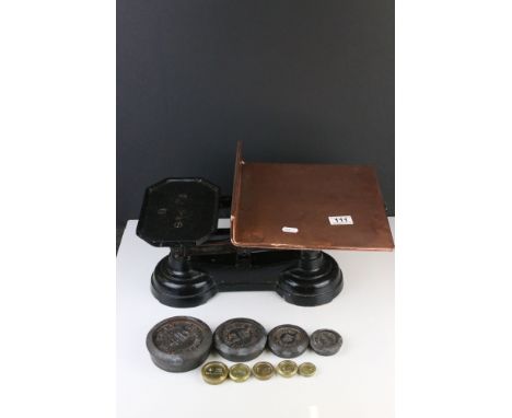 Set of Late 19th century Cast Iron and Copper Weighing Scales together with a set of Crane of Wolverhampton Weights plus two 