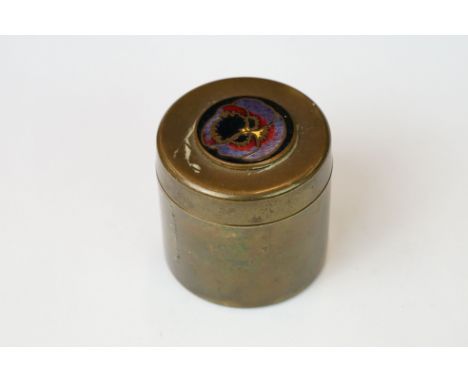 Small brass lidded pot, with floral enamel decoration to lid 