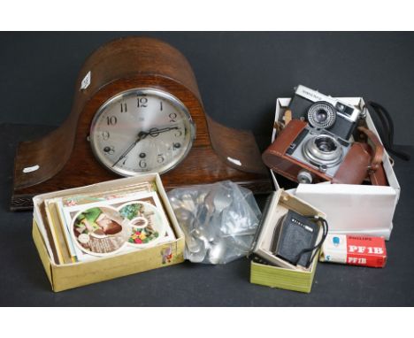 A Anvil wooden cased mantle clock together with a small box of mixed collectables. 
