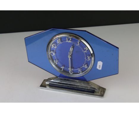 Art Deco French ' Jaz ' Blue Glass and Chrome Mantle Clock 19cm high 