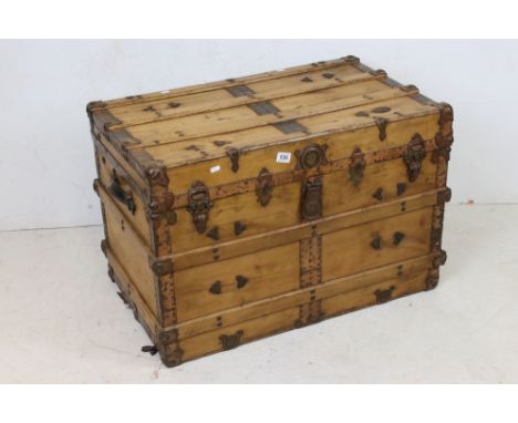 19th century Pine and Studded Travelling Trunk / Box with leather carrying handles, 87cm wide x 58cm high 