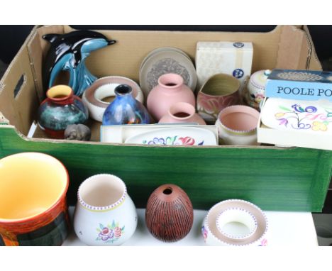 Collection of approximately 21 items of Poole Pottery including Preserve Jars, Dolphin, Vases, Planters, etc 