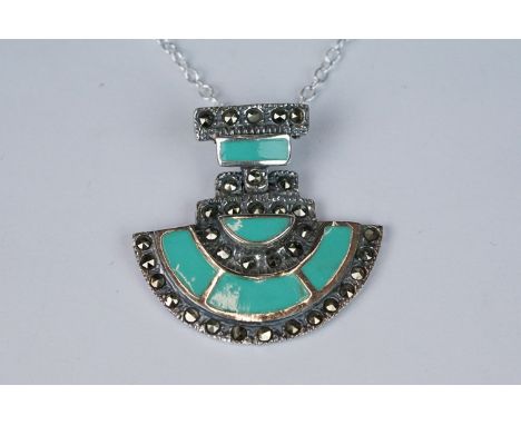 Silver, marcasite &amp; enamel set Art Deco style pendant necklace 