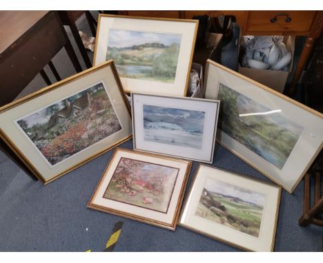 Four watercolours by Joy Brand, together with a limited edition print by H K Whatmore, and one other print Location: RWM 