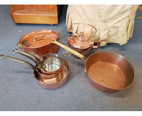Copper ware to include a set of four French saucepans, a large saucepan, a teapot and an oven pot and coverLocation: LWB 