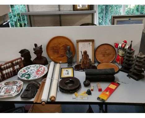 Chinese items to include an abacus, two scrolls, two soap stone seals, a glass sceptre, a charger, three wooden plates, two w