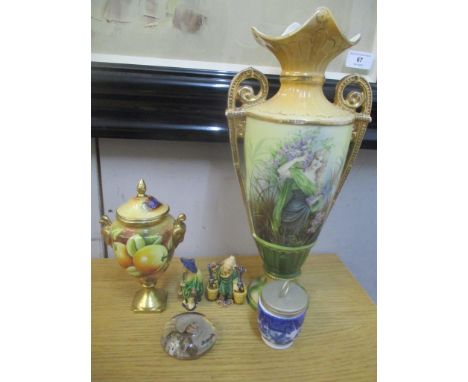 Ceramics to include a Coalport vase and cover painted by M Bates, an egg coddler, a vase, figures and a paperweight 