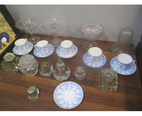 Glassware and ceramics to include five inkwells, glass tazzas, glass light shade, other items and a part tea set 