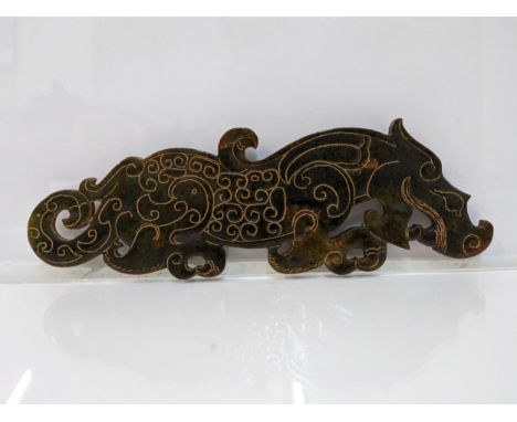 A Chinese dark green jade coloured plaque fashioned as a dragon, 24cm longLocation: LAF 