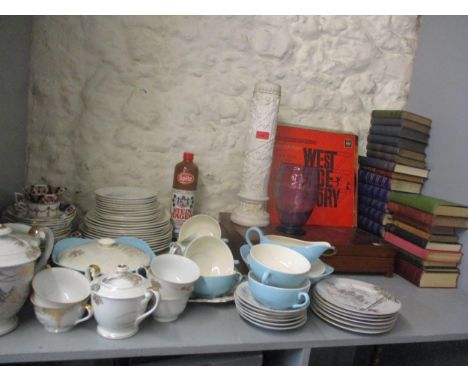 A mixed lot to include a Japanese part dinner service, vintage books and records and a purple glass vase 